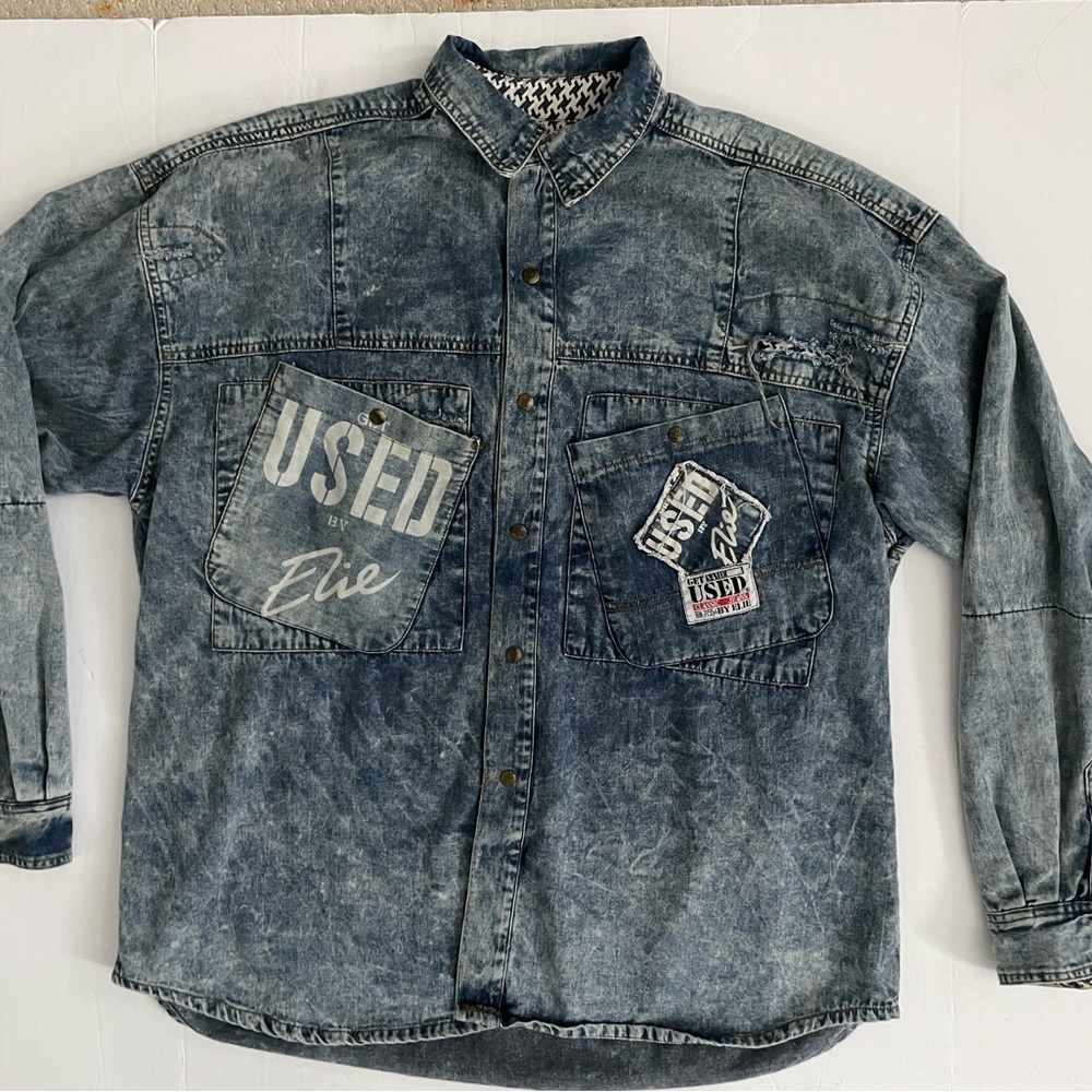 Get Used by Elie Vintage Destroyed Denim Acid wash Shacket jacket l oversized - Picture 9 of 10